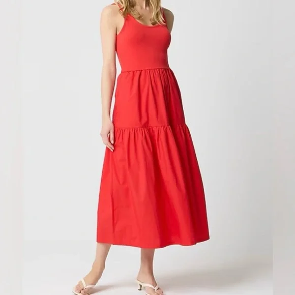 J Crew Factory Medium Red Tiered Knit Mixy Midi Dress With Pockets NWT FLAWS